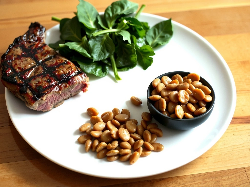 Image de viande rouge, épinards et lentilles, riches en fer