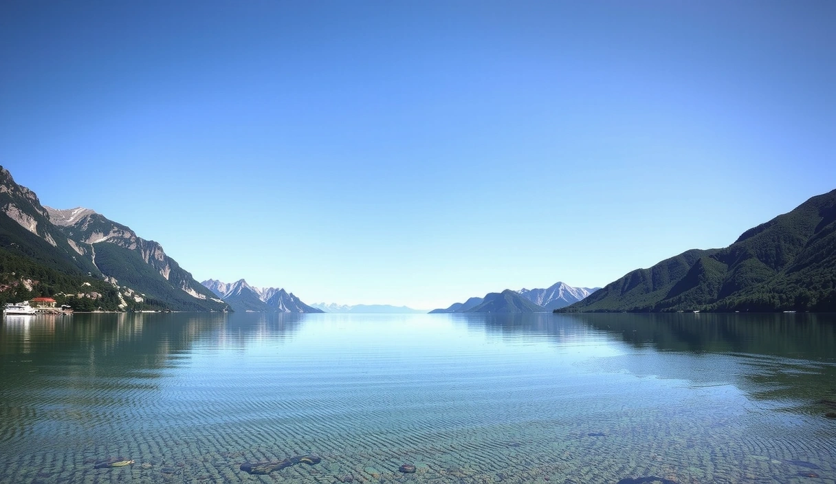 Paysage serein avec des montagnes et un lac reflétant le ciel, symbolisant la tranquillité et l'équilibre.