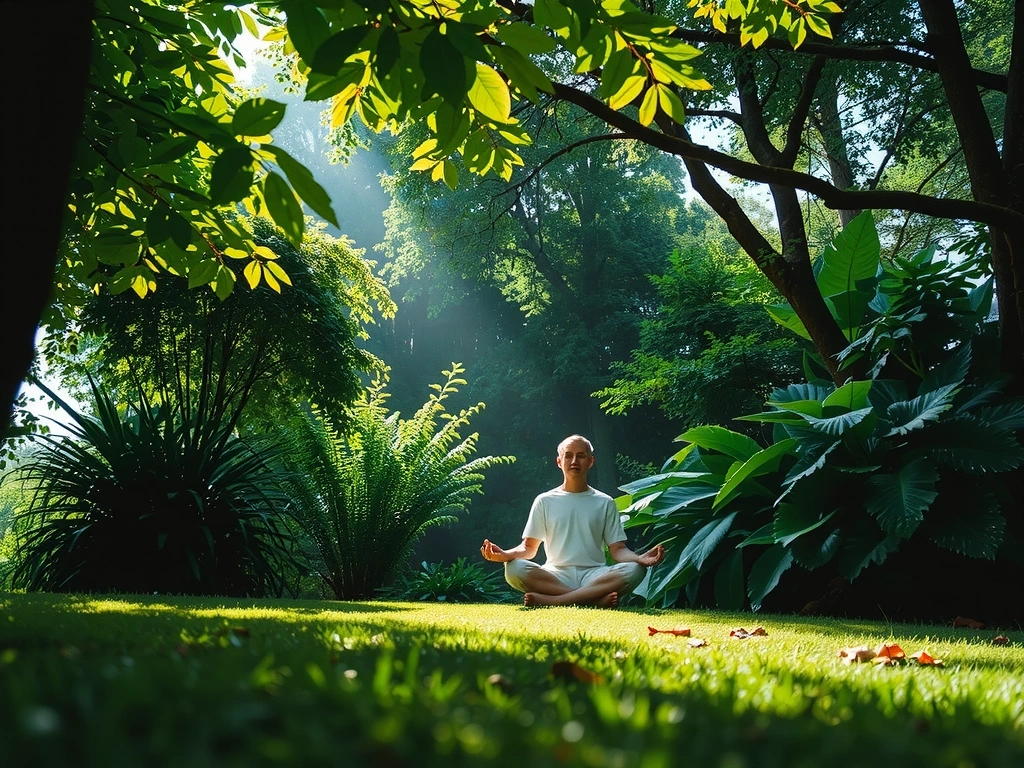 Une personne méditant dans un jardin luxuriant, symbolisant l'équilibre et la paix intérieure.