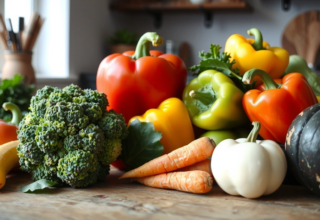 Légumes frais et colorés sur une table de cuisine